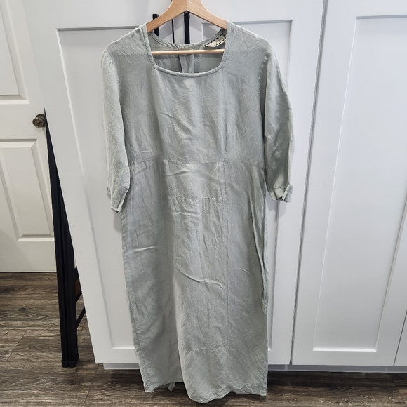 Vintage Suzen USA Linen Blend Midi Dress Mother of Pearl Buttons Small - Picture 2 of 14